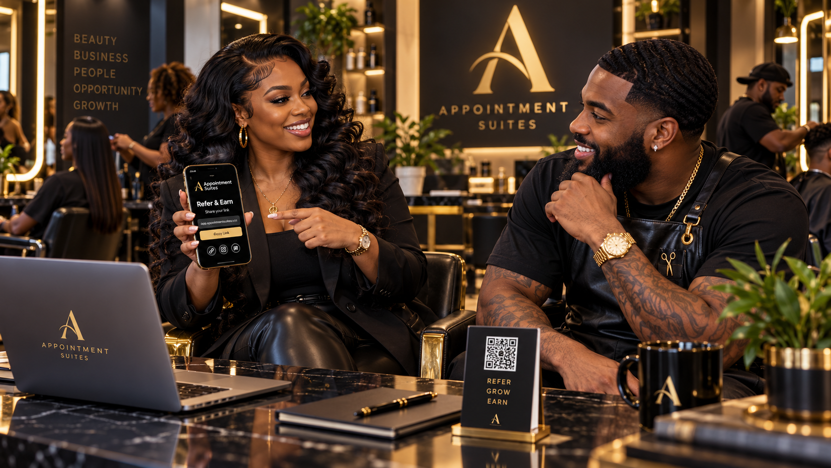 A beauty professional and barber sharing referral opportunities in a luxury salon